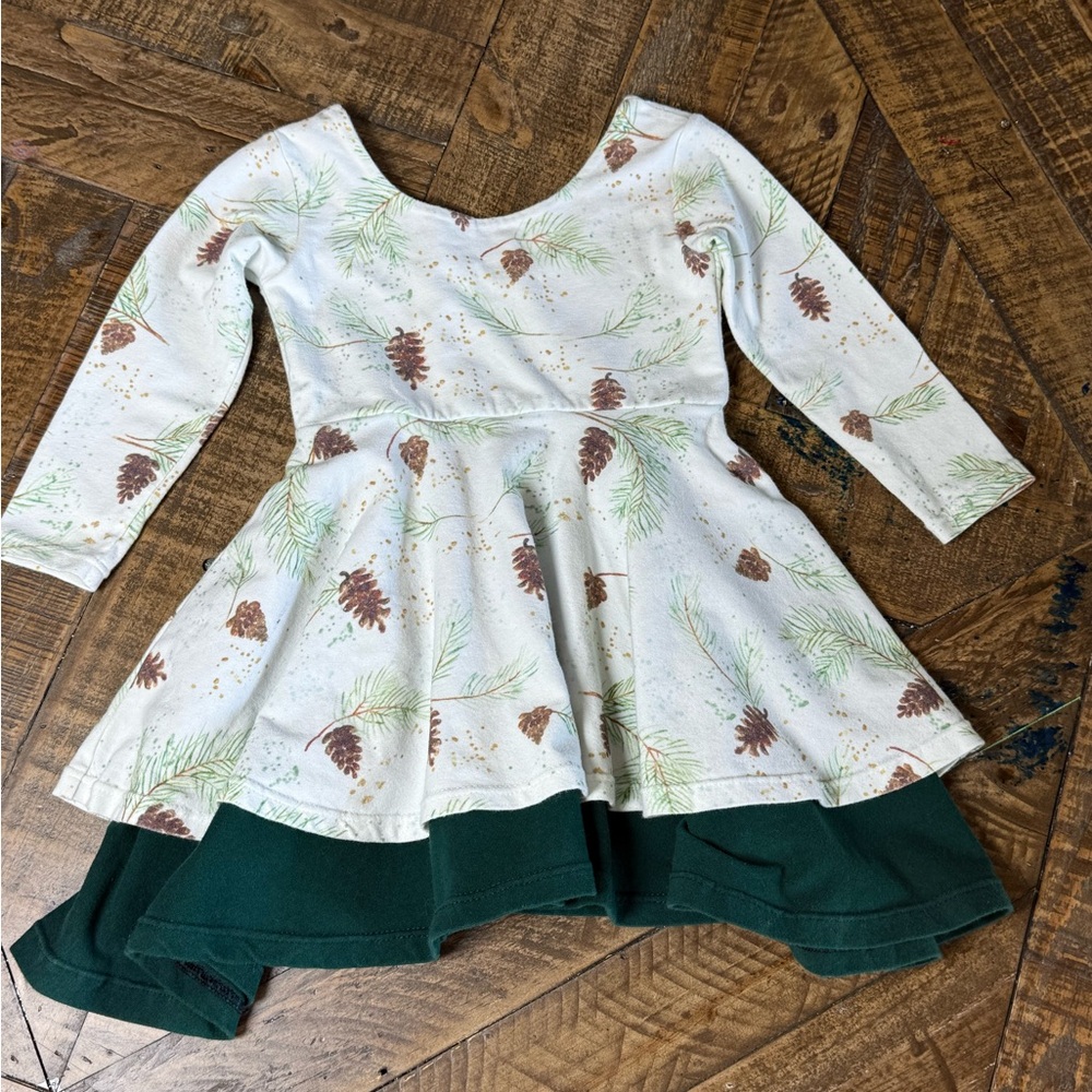 Pine Cone Print Kids Casual Dress - Cream and Green